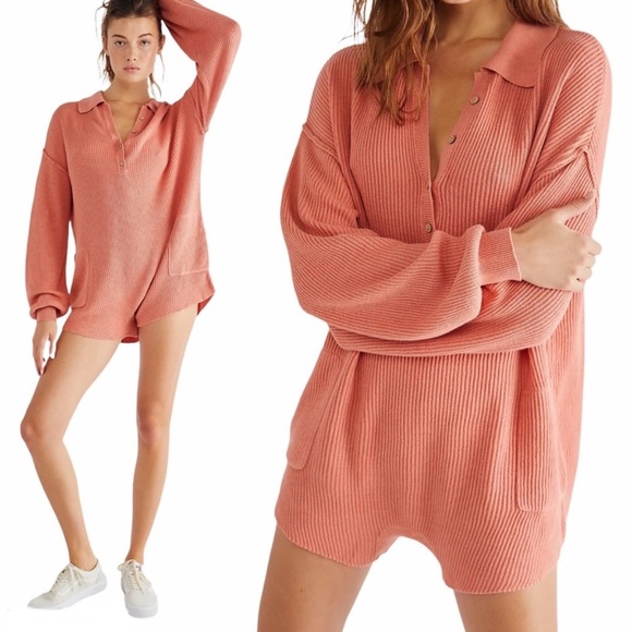 Free People FP Beach Picnic Ribbed Knit Romper salmon pink size Large - Picture 1 of 9